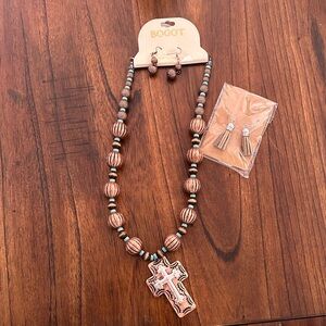 NEW BOGOT Beaded Necklace and Earrings with Cross Pendant and Tassle Earrings